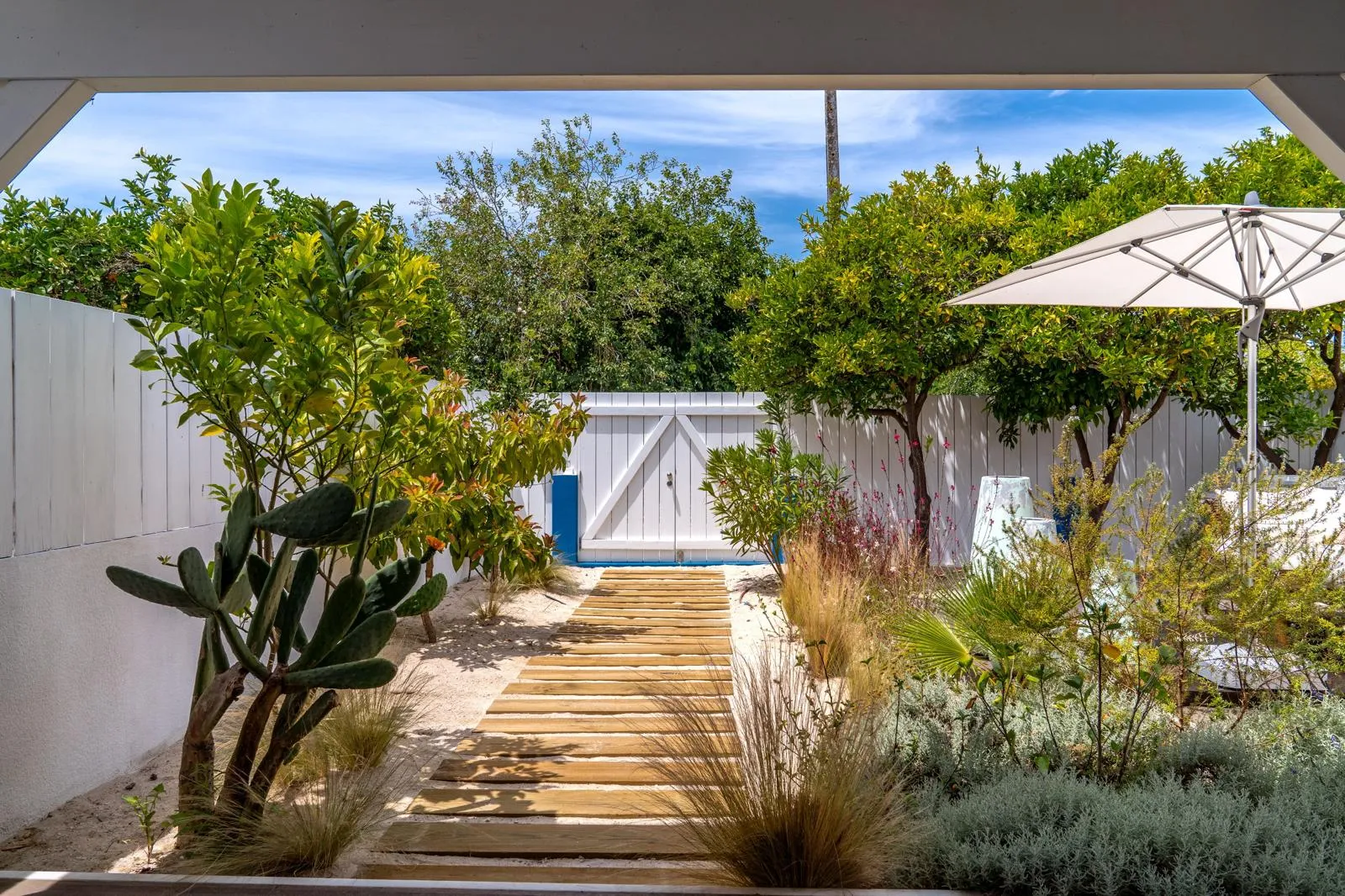 Covered patio entry with blue-trimmed doorway, console table with pampas grass and view into living room
