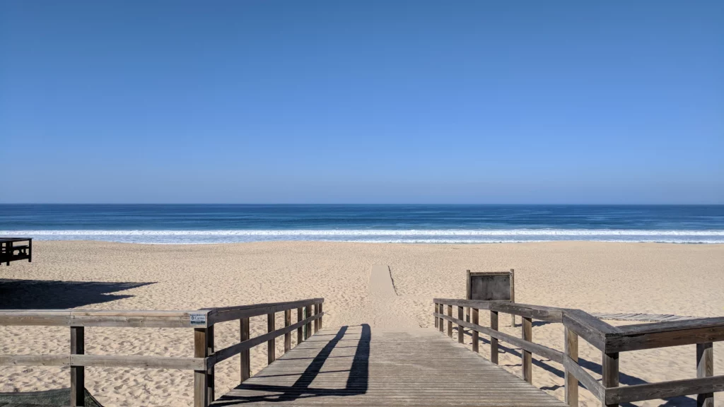 Wooden boardwalk leading over dunes to the ocean on a clear day